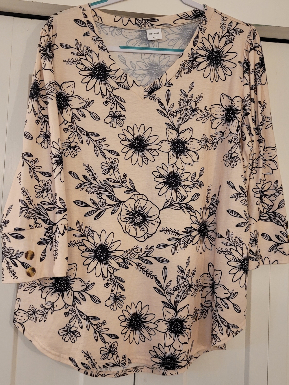 Cream V-Neck Floral Blouse with Black Sketch Print